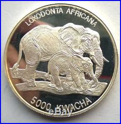 Zambia 1999 Elephant 5000 Kwacha 1oz Silver Coin, Proof