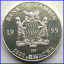 Zambia 1999 Elephant 5000 Kwacha 1oz Silver Coin, Rare