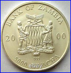 Zambia 2000 Elephant 5000 Kwach 1oz Colour Silver Coin, UNC