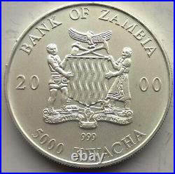 Zambia 2000 Elephant 5000 Kwach 1oz Silver Coin, UNC
