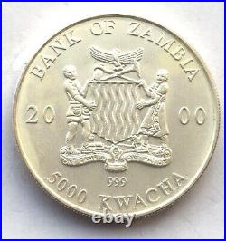 Zambia 2000 Elephant 5000 Kwach 1oz Silver Coin, UNC