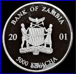 Zambia 2001 5000 Kwacha 1 OZ. Silver. 999 African Wildlife Elephant Gem Proof