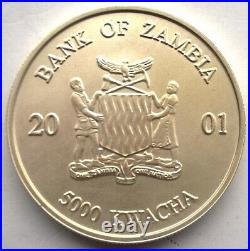 Zambia 2001 Elephant 5000 Kwach 1oz Colour Silver Coin, UNC