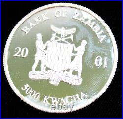 Zambia 2001 Elephant 5000 Kwach 1oz Silver Coin, Gem Proof