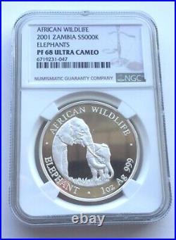 Zambia 2001 Elephant 5000 Kwach NGC PF68 1oz Silver Coin, Proof