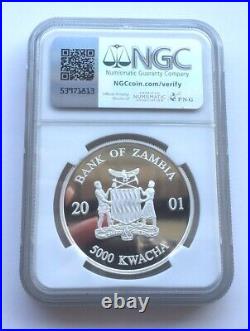 Zambia 2001 Elephant 5000 Kwach NGC PF68 1oz Silver Coin, Proof