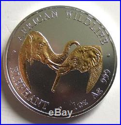 Zambia 2002 Elephant 5000 Kwacha Gold Plated 1oz Silver Coin, Matte
