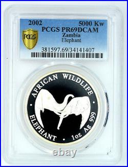 Zambia 5000 Kwacha 2002 Elephants PCGS PR69DCAM Silver PROOF coin