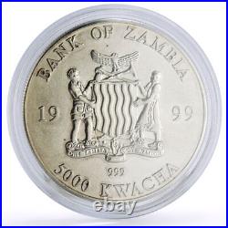 Zambia 5000 kwacha African Wildlife Elephant Fauna Matte silver coin 1999