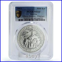 Zambia 5000 kwacha African Wildlife Elephant Matte MS68 PCGS silver coin 2003